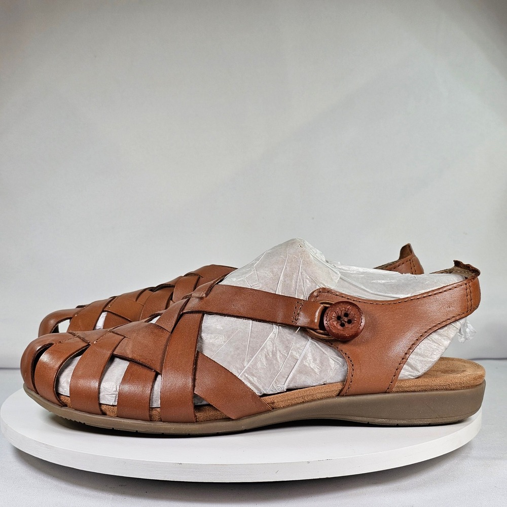 New Earth Origins Women Tan Leather Fisherman Sandals Woven Slingback Flats 9.5M - Picture 3 of 7